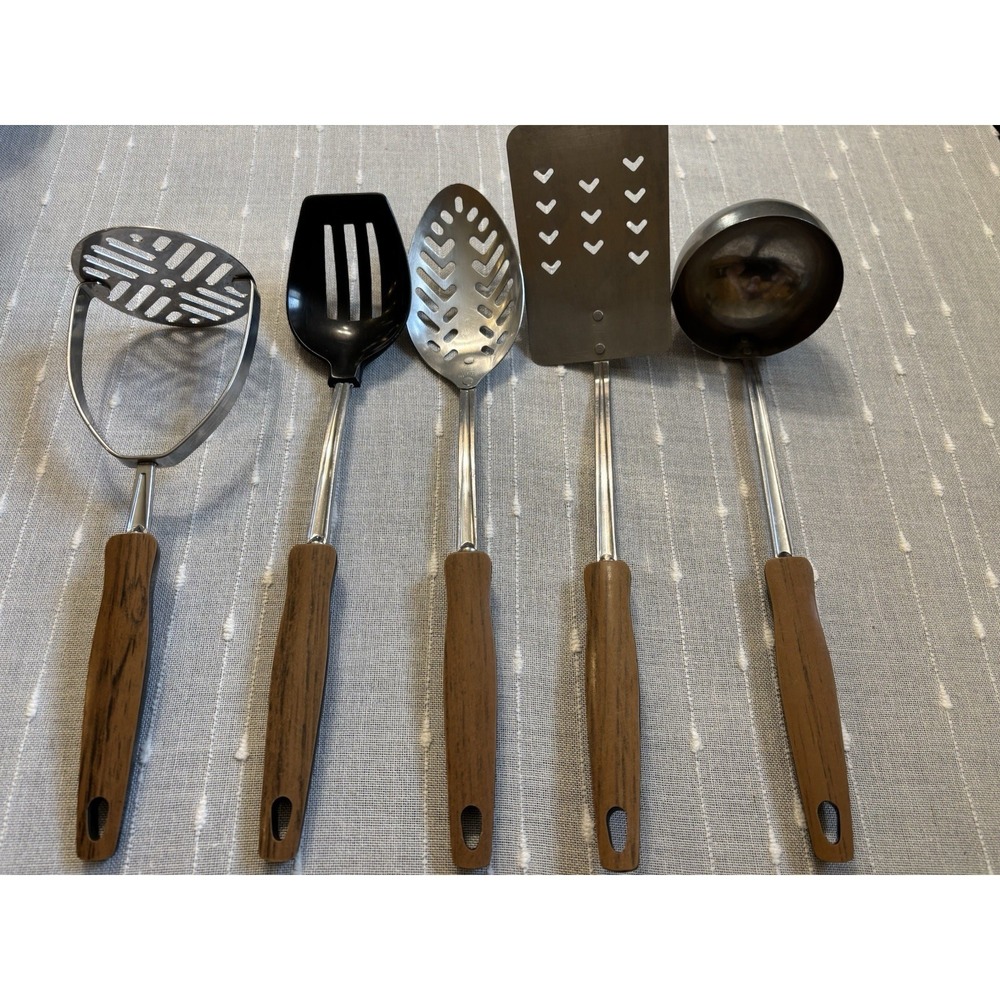 Vintage EKCO USA 5-Piece Stainless Steel Kitchen Utensil Set | Faux Wood MCM